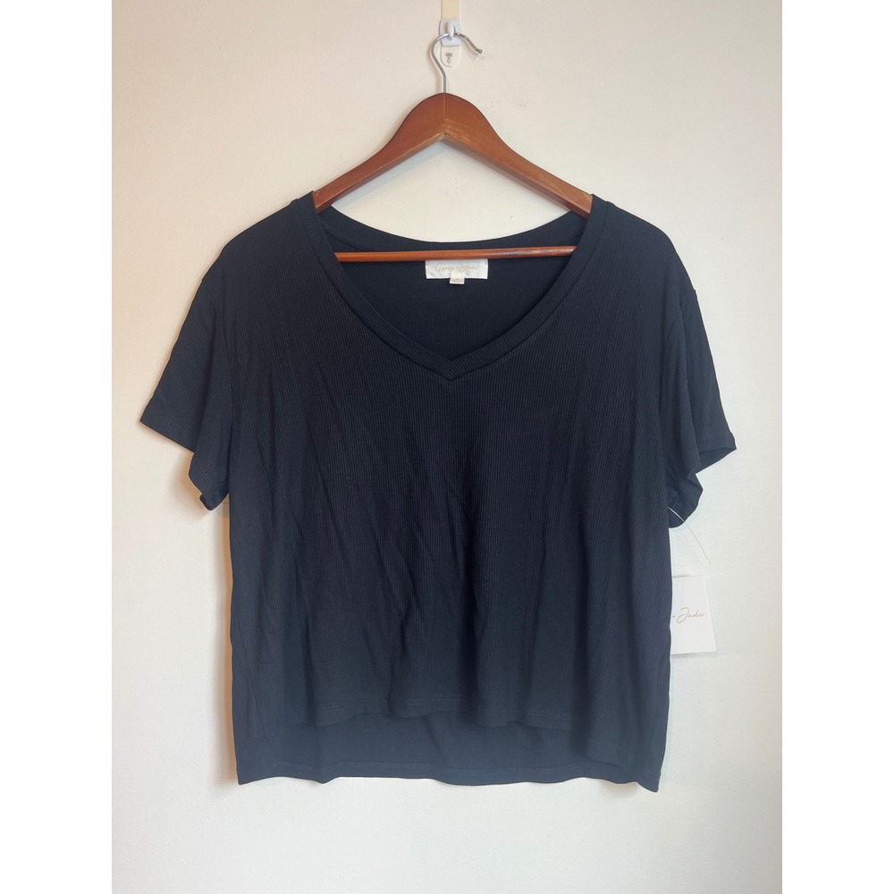 Gypsy + Jade Womens Black Ribbed V-Neck Short Sleeve Top 5T02242 Size M NEW